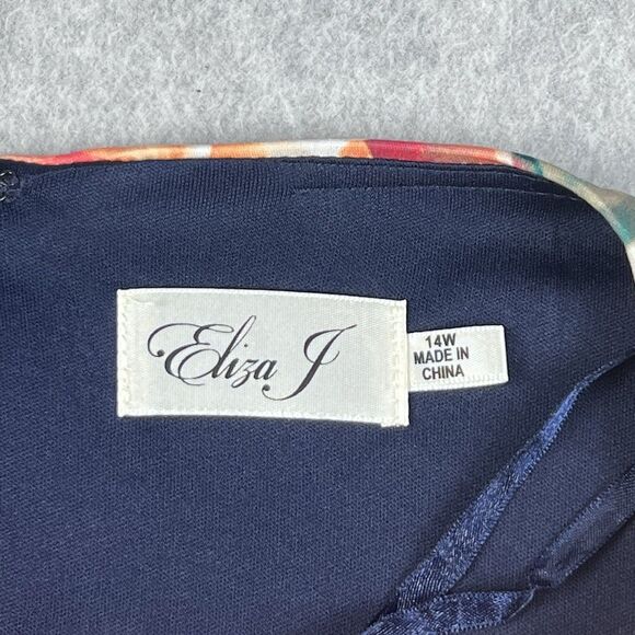 Eliza J Dress Womens 14W Blue Floral Bodycon Ruched Side Sheath Mother Bride - Picture 5 of 16